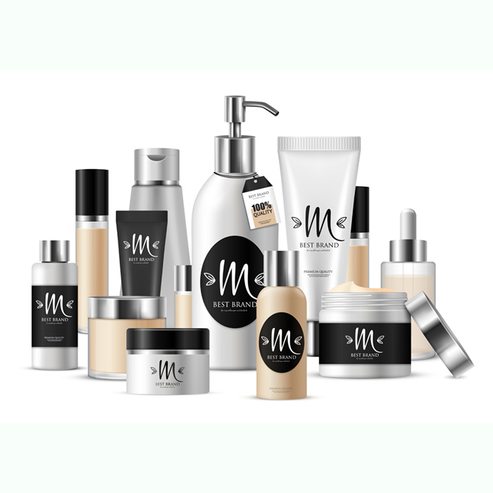 Colored cosmetic template composition for business presentation and with label with brand vector illustration